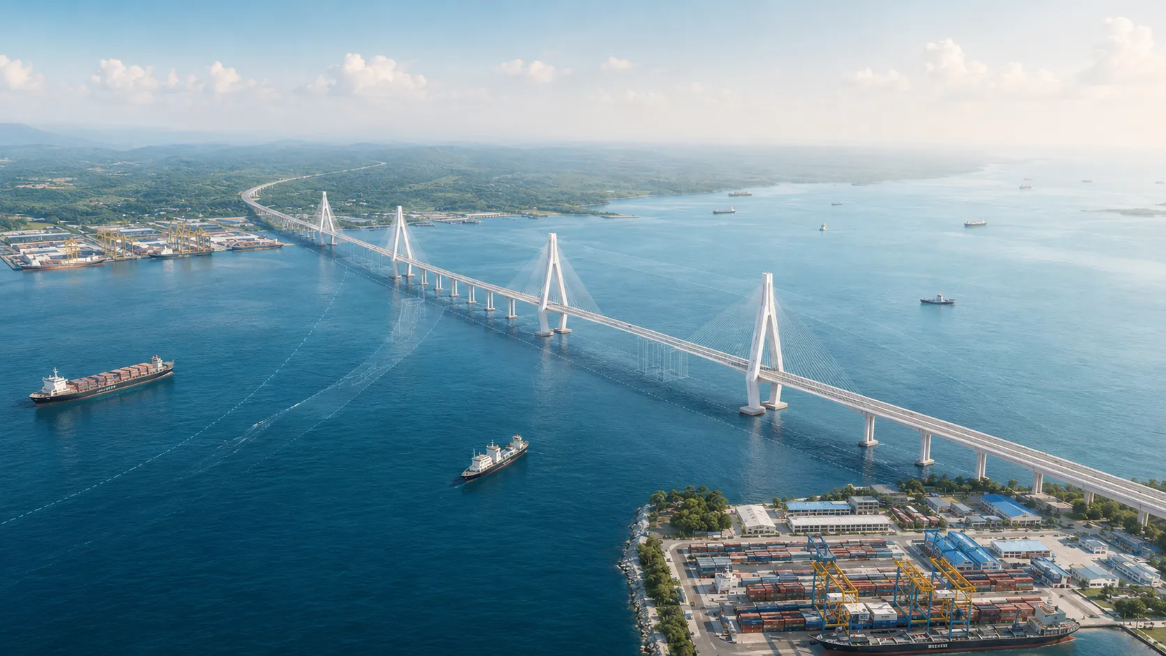 Ilustrasi konsep cadangan jambatan Melaka Indonesia merentasi Selat Melaka dengan elemen pelabuhan dan logistik