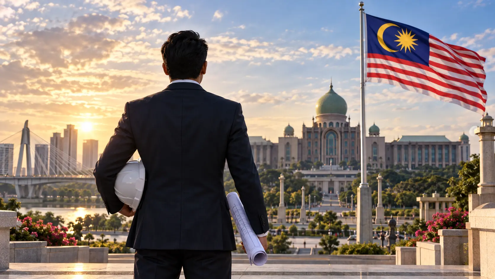 Bakal Perdana Menteri Malaysia berlatar pentadbiran negara dengan elemen jurutera dan bendera Malaysia